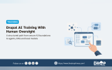 “TRAINING.” “Drupal AI Training With Human Oversight.” “A structured path from secure AI foundations to agents. RAG and local models.” An illustration shows a person interacting with a connected AI workflow interface for search. agents. data and automated processes.