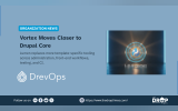 Light blue graphic with the DrevOps logo and a dark product card showing a glowing Vortex Lumen symbol. Text reads "ORGANIZATION NEWS" "Vortex Moves Closer to Drupal Core" "Lumen replaces more template-specific tooling across administration, front-end workflows, testing, and CI." and "1.41.0 - Lumen".