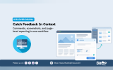 Discover Drupal graphic titled "Catch Feedback In Context" with the text. "Comments screenshots and page level reporting in one workflow." Website Feedback branding appears beside browser mockups showing a webpage feedback form with comments screenshots attachments and a location marker feeding into a review panel.