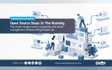 "ORGANIZATION NEWS. Open Source Stays In The Running. The tender targets lower complexity and easier management without ruling Drupal out." An illustration shows three people assembling a modular website from connected content and code components to represent rebuilding a platform while keeping open source options available.