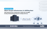 “DISCOVER DRUPAL.” “Where Drupal Infrastructure Is Shifting Next.” “AWS backed services. infrastructure credits and a changing hosting relationship bring long term funding into focus.” A diagram connects traditional server racks with cloud infrastructure to illustrate the shift in Drupal hosting.