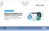 Akismet and Drupal logos appear beside a security shield and checklist. The headline reads "Akismet Strengthens Its Drupal Security Controls" with details about improved webhook protection and migration safeguards.