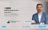 Interview graphic featuring Henadzi Koltun smiling in a blue blazer alongside a small portrait of author Kazima Abbas. Text reads "Building Drupal for the Long Term" and "The real test of sustainable growth is knowing what must never be sacrificed for short-term success."