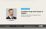 Portrait of Alaa Haddad beside the headline "Cloudflare Purge Gets Drupal 12 Support". Text explains that version 3.1.4 fixes fatal errors caused by failed Cloudflare API requests.