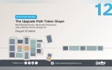 "DISCOVER DRUPAL." "The Upgrade Path Takes Shape." "New Requirements. Removed Extensions and a Shorter Run to Drupal 12." "Drupal 12 beta1." An abstract diagram shows a dense collection of modules separating before continuing as a shorter orderly sequence.