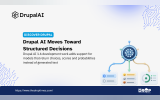 Drupal AI graphic with a branching AI decision diagram connecting a neural network symbol to three structured output panels. Text reads "DrupalAI. DISCOVER DRUPAL. Drupal AI Moves Toward Structured Decisions. Drupal AI 1.6 development work adds support for models that return choices scores and probabilities instead of generated text. https://www.thedroptimes.com/. THE DROP TIMES."