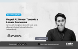 A black and white portrait labeled "Jürgen Haas" appears beside the DrupalAI logo. The headline reads "Drupal AI Moves Towards a Leaner Framework" with details about version 1.5 strengthening shared AI tools while allowing features to develop independently.