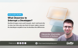 Discover Drupal graphic titled "What Deserves to Interrupt a Developer?" featuring Alexander Shumenko, contributor of DevDeck. Layered notification panels illustrate how DevDeck manages pull requests, alerts and local sites while limiting sound notifications.