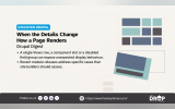 Discover Drupal graphic titled "When the Details Change How a Page Renders" featuring layered webpage layouts. The Drupal Digest highlights unexpected display behaviour caused by Views rows, component slots and field groups.