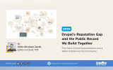 Editorial illustration of connected documents, images, code and conversation cards forming a shared knowledge network, alongside the headline “Drupal's Reputation Gap and the Public Record We Build Together.”