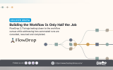 Discover Drupal graphic featuring the FlowDrop logo and a branching workflow diagram. The headline reads "Building the Workflow Is Only Half the Job" and explains how FlowDrop 2.7 improves testing, cancellation, resumption and completion of automated workflows.