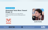A pale blue Discover Drupal graphic features a portrait labeled "Joachim Noreiko" beside the Drupal Code Builder logo. Text reads "DISCOVER DRUPAL. Generated Tests Move Toward Drupal 12. Drupal Code Builder 4.6.11 adds PHPUnit attributes and fixes several scaffold generation errors. Joachim Noreiko. Follow us on. https www.thedroptimes.com. THE DROP TIMES."