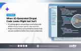 The Drop Times tutorial graphic titled "When AI-Generated Drupal Code Looks Right but Isn't" shows a code editor with a magnifying glass highlighting potential issues. The text explains that AI coding agents can produce convincing code while missing Drupal-specific requirements and that project instructions and automated checks help uncover problems before production.