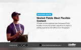 A conference speaker wearing a purple shirt and cap stands at a podium beside the article text. Text reads "DISCOVER DRUPAL. Nested Fields Meet Flexible Content. A hands-on test explores how Compound Field handles structured content and where its Alpha 1 editing experience still differs from Paragraphs. Follow us on. https://www.thedroptimes.com/. THE DROP TIMES."