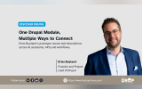 Dries Buytaert in a blue suit beside the headline "One Drupal Module, Multiple Ways to Connect". Text explains "Dries Buytaert's prototype reuses tool descriptions across AI assistants, APIs and workflows." Identified as "Founder and Project Lead of Drupal" with The Drop Times branding.