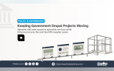 A row of website cards travels along a track toward an unfinished building framework. turning the procurement process into a visual journey that keeps government Drupal work moving while a new supplier arrangement is built. The poster reads "POLICY AND GOVERNANCE. Keeping Government Drupal Projects Moving. Agencies still need access to specialist services while Finance procures the next GovCMS supplier panel."