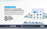 A large software interface connects to multiple components arranged on an assessment platform with government buildings in the background. The illustration represents how different parts of a Drupal implementation may carry distinct regulatory responsibilities depending on what an organisation supplies and the role it plays. The Open Source Summit Europe poster asks "When Does a Drupal Build Become a Regulated Product" and explores how CRA obligations extend beyond shared security infrastructure.