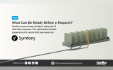 A PHP poster from The Drop Times titled "What Can Be Ready Before a Request?" featuring the Symfony logo and a row of upright green panels connected through a shared system, with one panel illuminated in orange. The illustration represents Symfony moving known event listener preparation outside individual requests to reduce unnecessary processing while preserving the performance benefits of its optimized dispatcher.