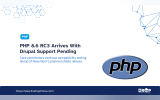 A large PHP logo and blue network graphics accompany the headline "PHP 8.6 RC3 Arrives With Drupal Support Pending." Core contributors continue compatibility testing ahead of the planned November release.