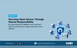 Security graphic showing six banks connected around a blue shield and verified code files. Text reads "Securing Open Source Through Shared Responsibility" and "Six major banks back OSERA to fund, verify and deliver security fixes for widely used open-source software."