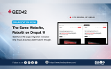 An Organization News graphic by The Drop Times features the QED42 logo and side by side website screenshots labeled "BEFORE. WEBFLOW" and "AFTER. DRUPAL 11" to illustrate a website migration. The headline reads "The Same Website, Rebuilt on Drupal 11". Supporting text states "QED42’s 646-page migration revealed why visual accuracy alone wasn't enough." A label reads "X TO DRUPAL, BY QED42". The footer displays "Follow us on" with social media icons and "https://www.thedroptimes.com/" alongside The Drop Time