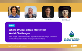 Promotional graphic for the PNW Drupal Summit featuring four speaker portraits labeled "Max Bronsema" "John Locke" "Andrew Morton" and "Bob McDonald" against a yellow and white background. A purple banner displays "EVENT" and "Where Drupal Ideas Meet Real-World Challenges" followed by "PNW Drupal Summit speakers explore accessible design, connected communities and smarter development workflows." The graphic includes the mountain and water droplet logo with "PACIFIC NORTHWEST DRUPAL SUMMIT" alongside "https: