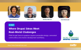 Promotional graphic for the PNW Drupal Summit featuring four speaker portraits labeled "Max Bronsema" "John Locke" "Andrew Morton" and "Bob McDonald" against a yellow and white background. A purple banner displays "EVENT" and "Where Drupal Ideas Meet Real-World Challenges" followed by "PNW Drupal Summit speakers explore accessible design, connected communities and smarter development workflows." The graphic includes the mountain and water droplet logo with "PACIFIC NORTHWEST DRUPAL SUMMIT" alongside "https: